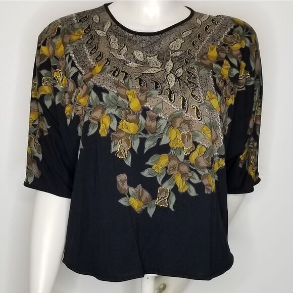 Womens Three-Quarter Sleeve Floral Print Black Gold Metallic Crop Top Size M/L - Picture 1 of 10